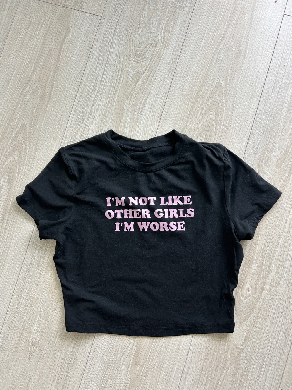 Black Crop Tee with Pink Slogan - Women's Graphic Top